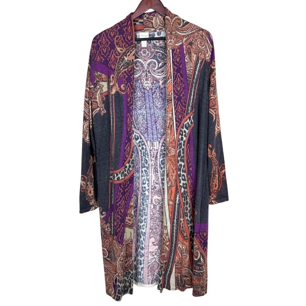 Chico's Kimono Cardigan Sz L Boho Paisley Cardigan Long Line Artsy Cotton Animal